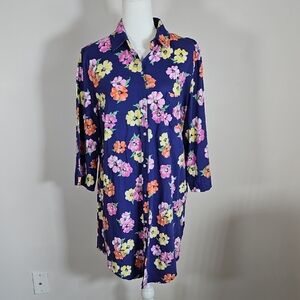 Lauren Ralph Lauren Sleep Night Shirt Blue Floral Pink Embroidery 1X Button Up